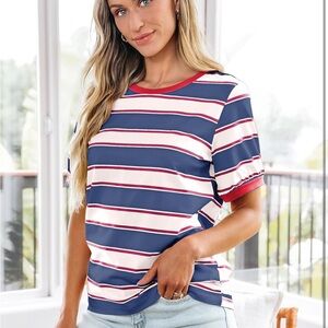 Dokotoo Striped Colorblock Tee Medium Red White Blue Casual Top